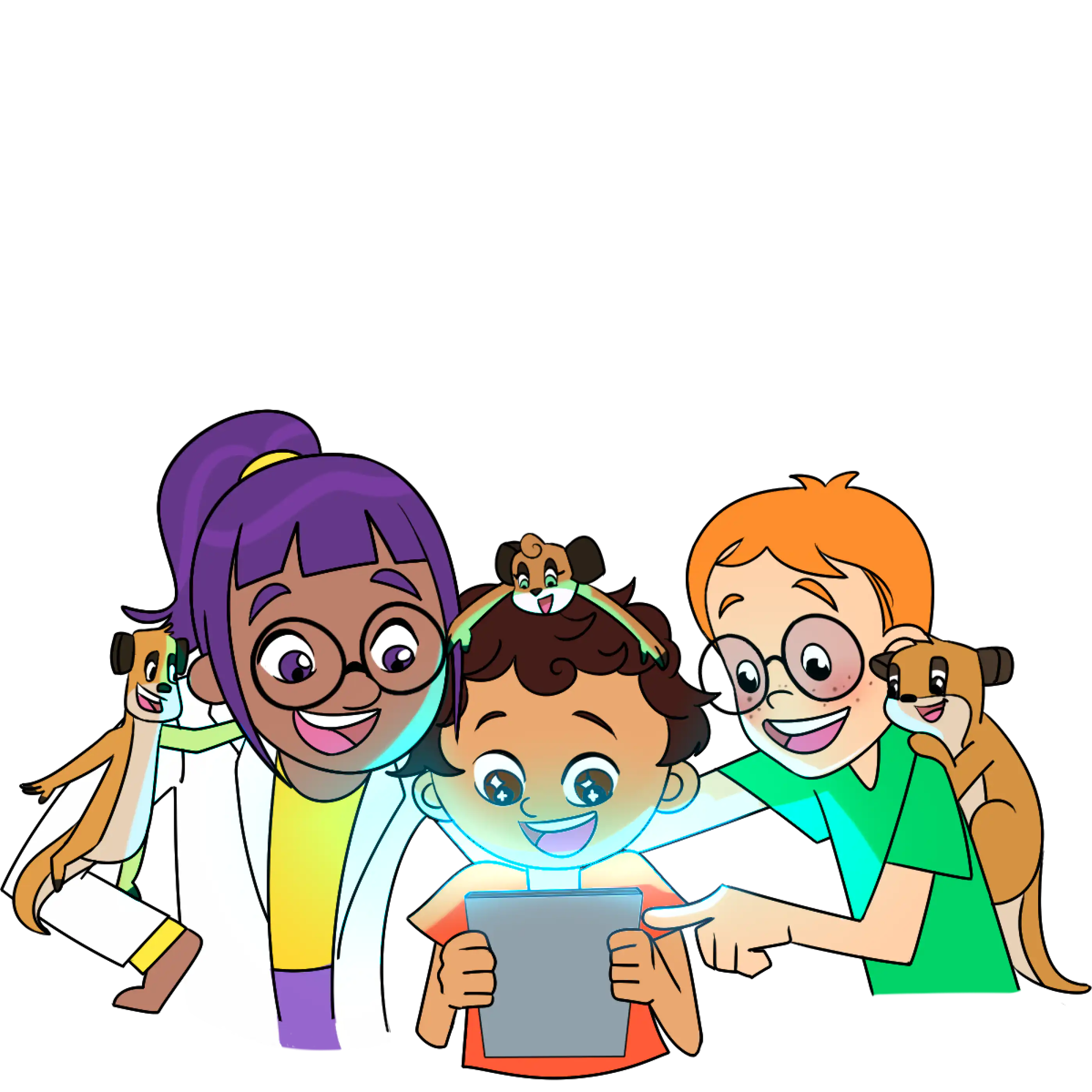 Happy children learning about health and wellness with TinyDocs interactive platform